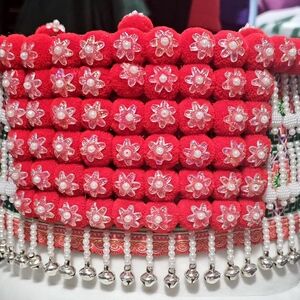 Red Floral Beaded Hmong Hat With Tail